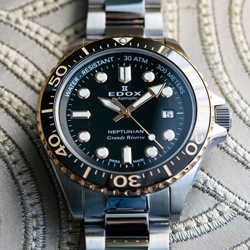 EDOX 伊度 Neptunian 海神 68H超動能300米潛水機械錶-黑x玫瑰金/42mm(E80801.3NRM.NIR)