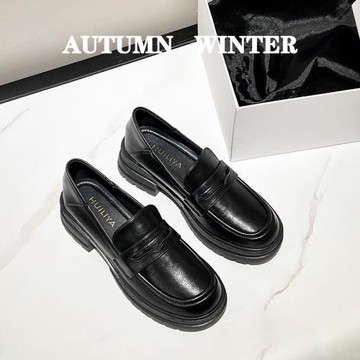 真皮厚底樂福鞋女春秋英倫風單鞋黑色JK小皮鞋粗跟大碼女鞋41一43