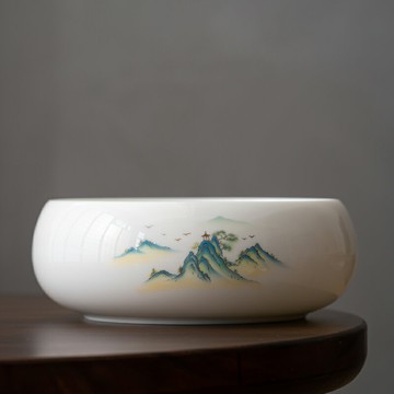 千里江山羊脂玉茶洗茶渣缸大號家用功夫茶具水盂杯子水洗茶盤配件