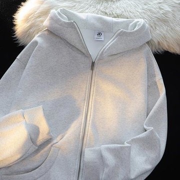 日系復古銀狐絨360g重磅衛衣女秋季寬松慵懶風情侶裝加絨開衫外套