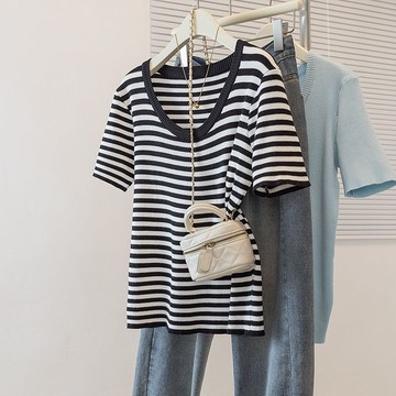 衣時尚 上衣 短袖T卹 條紋上衣 T恤衫 中大尺寸 L-4XL 新款U領正肩短袖顯瘦遮肚子洋氣上衣條紋小衫-6608.