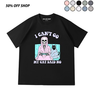 貓咪說不可以出門 插畫純棉短T 骷髏宅宅印花短袖T恤 女上衣 男生潮T 寬鬆穿搭款