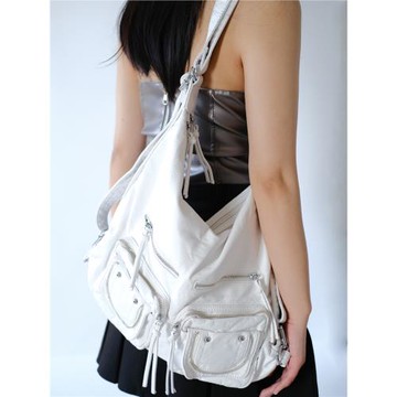 Y2K辣妹機車軟皮分層大容量多口袋白色簡約高級感雙肩斜挎托特包