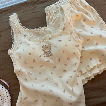 💗台灣出貨💗韓版夏季睡衣女 自帶胸墊 免穿內衣 卡通可愛小熊無袖套裝 甜美少女家居服 兩件套 可外穿 女生睡衣 可愛睡衣