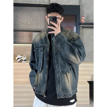 2024春季懷舊藍復古寬松大口袋立領牛仔外套男休閑拉鏈夾克上衣潮