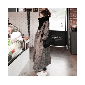 Lockers 木櫃 長款復古格紋厚毛呢大衣/外套