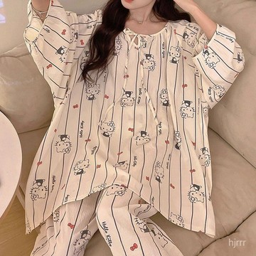 可愛卡通KT貓睡衣女秋季長袖長褲韓版寬鬆套頭洋氣家居服套裝 雲朵棉 睡衣套裝 長袖長褲 睡衣 女生休閒居家服 兩件式睡衣