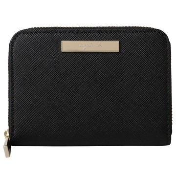 agnes b. 金鐵牌LOGO防刮拉鍊卡夾/零錢包(外黑x內米)