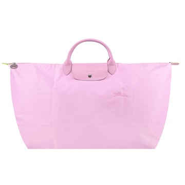 LONGCHAMP LE PLIAGE GREEN系列刺繡短把再生尼龍摺疊旅行袋(特大/粉紅)