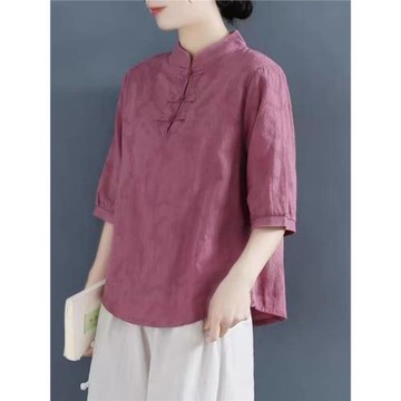 2023夏季新款女大碼媽媽裝五分袖棉麻T恤上衣寬松顯瘦國風體恤衣