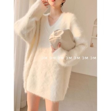海馬毛v領白色水貂絨毛衣女春秋慵懶高級感歐貨漂亮中長款羊絨衫