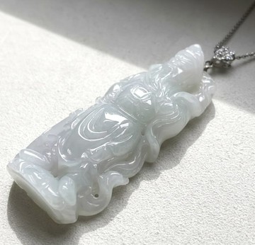 冰糯種翡翠關聖帝君項鍊 925純銀 | 天然緬甸玉翡翠A貨 | 送禮