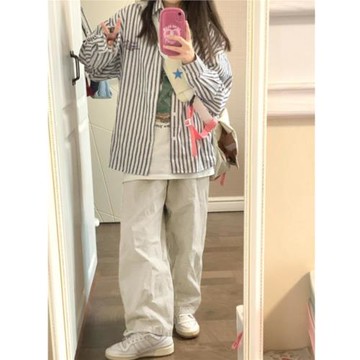 白色闊腿褲女春秋2025薄款小個子日系寬松運動休閑褲子直筒工裝褲