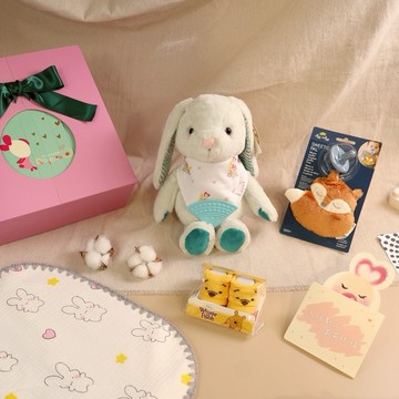 🎁客製刺繡【Qbibiya新生兒禮物】祝福系列-巧思天成-安撫娃娃+紗布萬用巾+啃咬圍兜+奶嘴娃娃+寶寶止滑襪(蛇年彌月禮盒滿月禮盒)