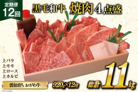 定期便 12回 牛肉 雲仙育ち おがわ牛 焼肉4点盛 総計約11kg(920g×12回) 黒毛和牛 上バラ 上モモ 上ロース 上カルビ 冷凍   焼肉おがわ   長崎県 雲仙市