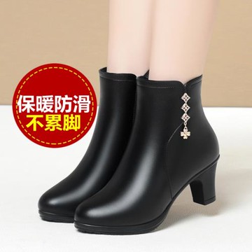 冬季加絨保暖女士棉皮鞋中跟媽媽棉鞋真皮工作鞋靴子中年短靴女鞋