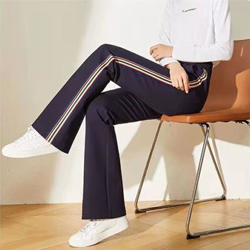 條紋微喇運動褲女秋冬休閑加絨闊腿長褲春秋直筒高腰顯瘦喇叭褲子