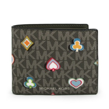 MICHAEL KORS COOPER 燙銀Logo橄欖綠色防刮滿版印花對開式短夾(含零錢袋)