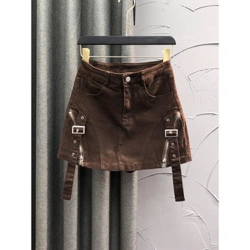 咖啡色高腰減齡牛仔短褲裙女春夏時尚設計感辣妹A字半身包臀裙褲