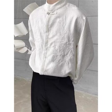 新中式國風長袖襯衫男女刺繡提花中山裝立領盤口痞帥休閑唐裝襯衣