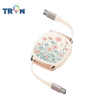 TRON 100W Type-C 伸縮快充線 1M 奶茶色 植物花卉-3 4檔長度調整 可充筆電 適用i15以上手機 平板