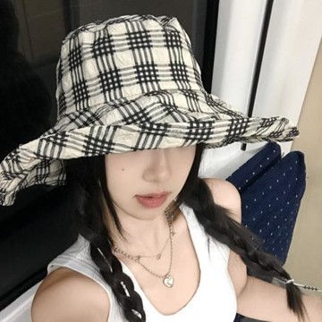 大檐格子漁夫帽韓版趙露思同款遮陽帽荷葉邊小清新系帶防風防曬帽