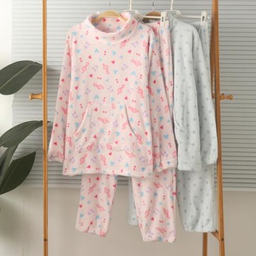 外貿女法蘭絨珊瑚絨小半高領護頸長袖長褲睡衣家居服套裝保暖秋冬