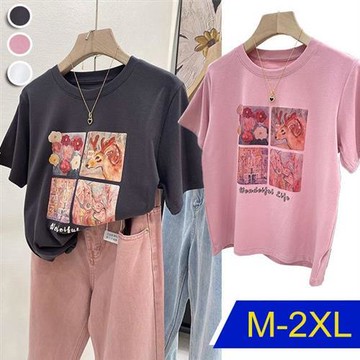 【韓國K.W.】濃纖合度天絲棉花版好氣色上衣(休閒/T恤/印花/小香風/中大尺碼)