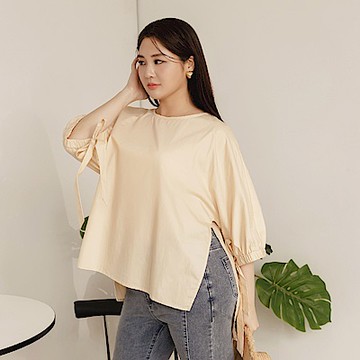 雲朵自訂款-純棉蝴蝶結泡泡袖開衩前短後長上衣-OB大尺碼