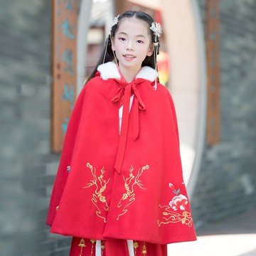 冬裝原創小孩女童漢服斗篷母女裝復古傳統刺繡連帽披風外套女1入