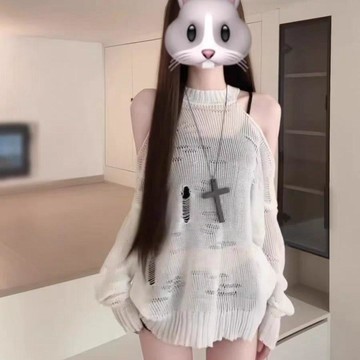 本土出貨 美式辣妹白色長袖鏤空針織罩衫女夏季寬鬆百搭下半身失蹤防曬上衣y2k辣妹甜酷XDBY R