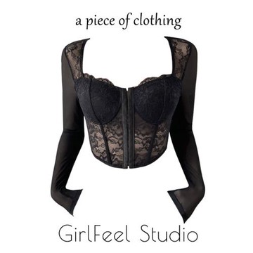 GirlFeel 歐貨上衣2025新款黑色蕾絲網紗魚骨排扣辣妹性感長袖T恤
