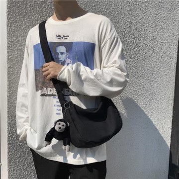 潮牌斜挎包男士帆布單肩包女生休閑百搭背包2025新款日系斜跨包包