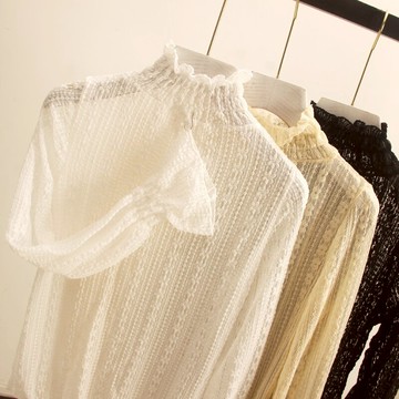 加絨高領蕾絲打底衫女秋冬長袖內搭新款保暖小衫洋氣網紗上衣