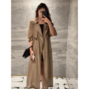 (免運)冰感防曬風衣女2025年夏季新款小個子收腰天絲亞麻輕薄中長款外套