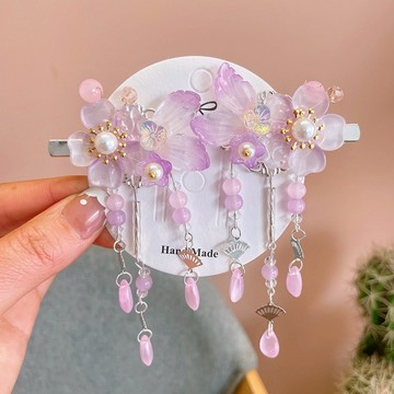 love, charlotte - 漢服花朵流蘇吊墜髮飾對夾-浪漫紫色