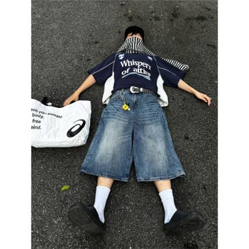 春夏新款閃電紋七分牛仔褲男款寬松直筒潮牌時尚休閑短褲水洗復古