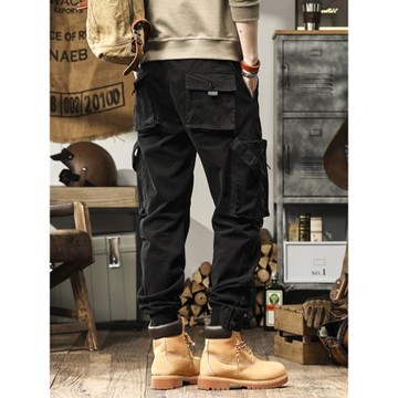 重磅美式復古工裝褲男春秋季新款松緊腰多口袋束腳褲子潮牌休閑褲