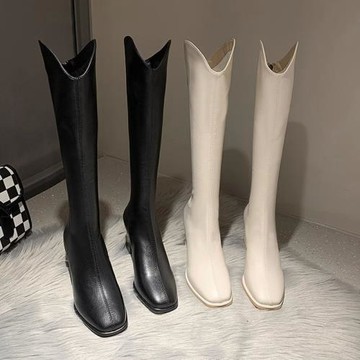 秋冬季真皮長靴女不過膝粗跟方頭高筒騎士靴時尚高跟瘦瘦靴子