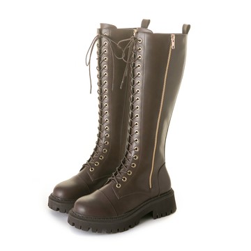 (36.37最後一雙)綁帶造型雙拉鍊軍風長靴 咖 GB612BN