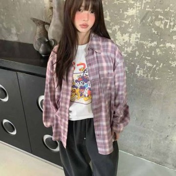 正韓女上衣 格紋長袖襯衫FOM1124-創翊韓都