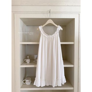 奧代爾 復古褶皺花邊 白色藍色紫色橙色 大領口 居家睡衣睡裙 W