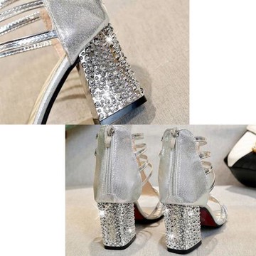 【Sp house】亮麗閃鑽細條縷空後拉鍊魚口涼跟鞋(2色可選)