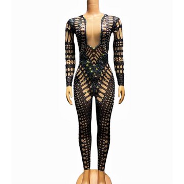 2023秋季新款歐美撞色拼接網紗透視小V領拉鏈修身長袖鑲鉆連體褲
