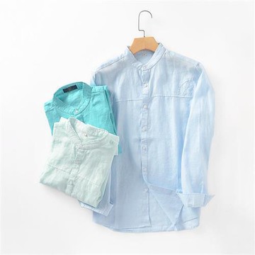 【米蘭精品】亞麻襯衫長袖上衣-時尚透氣立領男裝3色74ew25