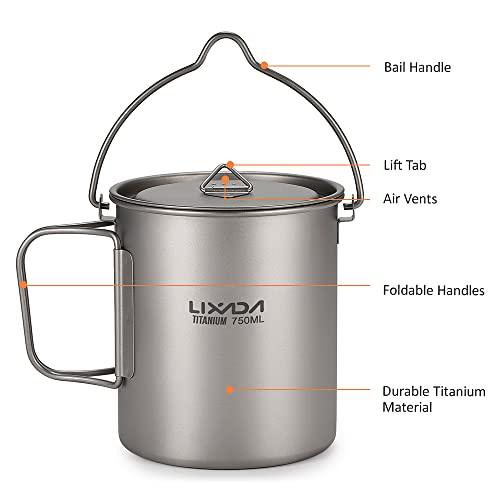 Lixada Titanium Water Mug Cup with Lid and Foldable Handle Ultralight 750ml Pot Portable Outdoor Camping Cooking Picnic