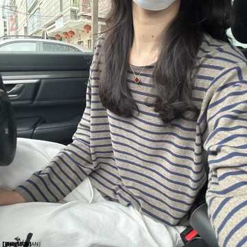 韓系鬆弛感慵懶條紋長袖t恤女磨毛內搭打底衫寬鬆上衣