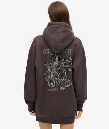 Superdry Women's Ladies Graphic Print Tattoo Rhinestone Hooded Dress, Black, Size: 10-12