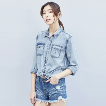 【ERSS】女裝 襯衫 牛仔 牛仔襯衫 長袖上衣 長袖襯衫 牛仔長襯衫 漂淺藍【K30006】