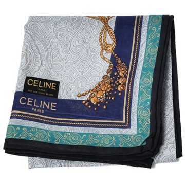 CELINE 灰底藍綠邊金佩斯利繩結圖騰字母LOGO帕領巾(48CM)